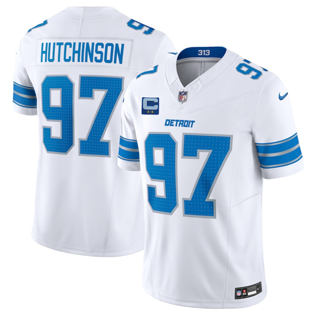 Men's Detroit Lions #97 Aidan Hutchinson White 2025 F.U.S.E. With 2-Star C Patch Vapor Limited Stitched Jersey